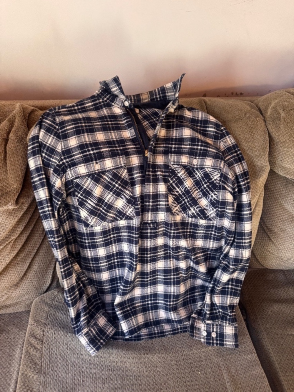 J. Crew Top small Navy Blue White Plaid Flannel Half-Zip Shirt Women's